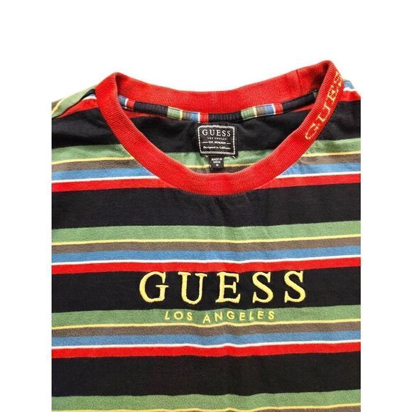 Vtg Guess T-shirt striped Y2K Men's medium multicolor embroidered accent collar - Picture 2 of 8